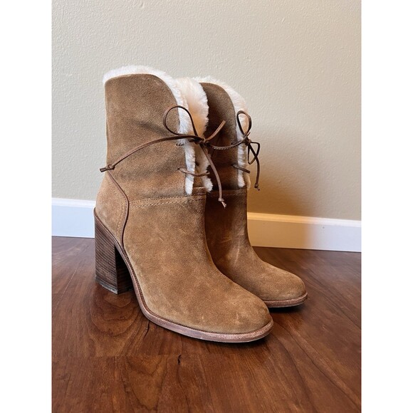 UGG Jerene Bootie  Suede Brown Lace Up Block Heel Sheepskin Tan Women's 10 - Picture 1 of 10